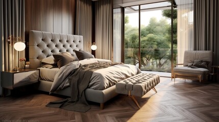 A side view of a luxurious bedroom with an upholstered velvet headboard. Generative AI