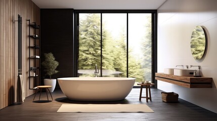 Fototapeta na wymiar A minimalist modern bedroom with a freestanding white tub. Generative AI