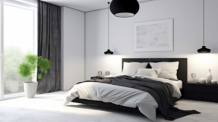 A minimalist bedroom with a black and white color scheme. Generative AI 