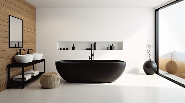 A modern minimalist bathroom with a black freestanding bathtub. Generative AI