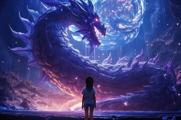Little girl standing in front of huge purple dragon, fantasy illustration. Generative AI