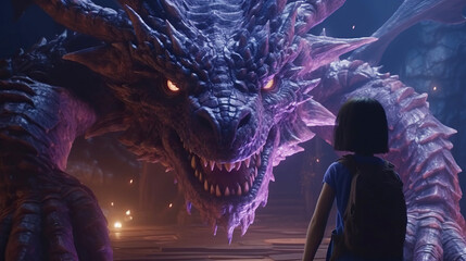 Little girl standing in front of huge purple dragon, fantasy illustration. Generative AI