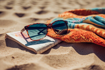 A sunglasses and a blanket on a sunny beach created with Generative AI technology