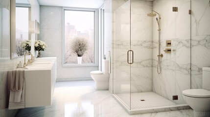 Fototapeta na wymiar A bathroom interior with a glass shower and marble tiles. Generative AI 