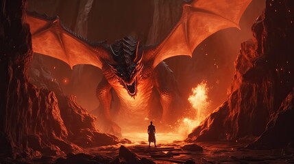 Brave warrior fighting huge red fire breathing dragon, fantasy battle illustration. Generative AI