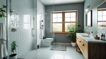Fototapeta na wymiar A modern white bathroom with a glass shower and a subway tile. Generative AI