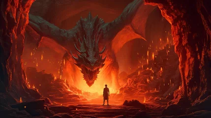Poster Brave warrior fighting huge red fire breathing dragon, fantasy battle illustration. Generative AI © iridescentstreet