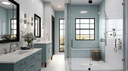 A modern bathroom with a glass shower and a subway tile. Generative AI - obrazy, fototapety, plakaty
