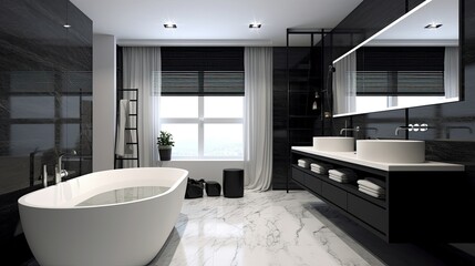 A modern bathroom interior with a black and white color scheme and a bathtub. Generative AI 