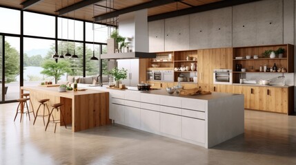 A beautiful interior design of a kitchen with a large island and concrete countertop. Generative AI