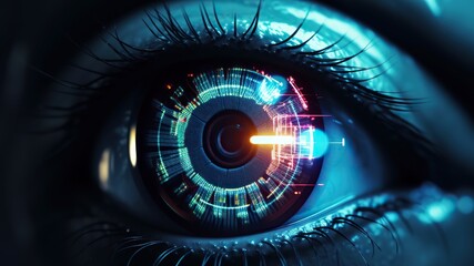 Futuristic robot eye technology, blue digital iris. Generative AI