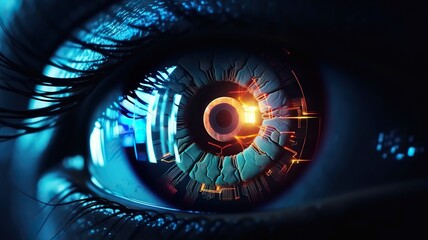 Futuristic robot eye technology, blue digital iris. Generative AI - obrazy, fototapety, plakaty