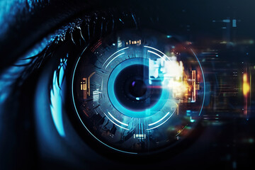 Futuristic robot eye technology, blue digital iris. Generative AI - obrazy, fototapety, plakaty
