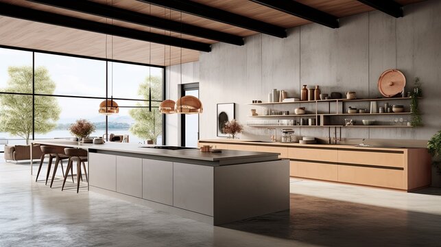 Beautiful view of a modern kitchen interior with a large island and concrete floor. Generative AI