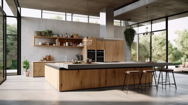 A modern kitchen interior with a large island and concrete floor. Generative AI