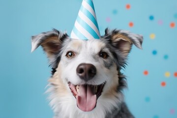 Happy dog celebrating birthday with party hat on, isolated on blue background. Generative AI