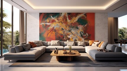 A living room interior with a large abstract art painting and a sectional sofa. Generative AI