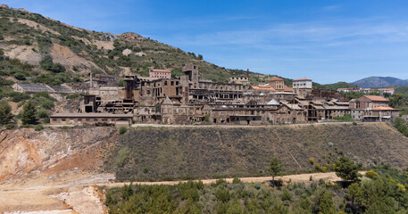 monteponi mine - aerial view of the red mud and the ruins of the old monteponi mine in Iglesias in...