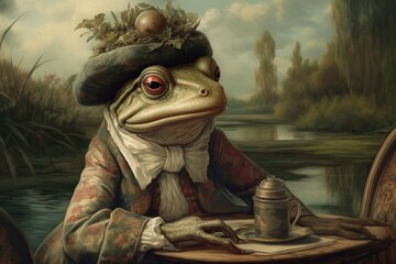 Frog renaissance art portrait, medieval oil painting. Generative AI - obrazy, fototapety, plakaty