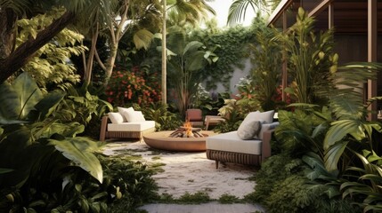 A luxury garden with a modern lounge seat area. Generative AI