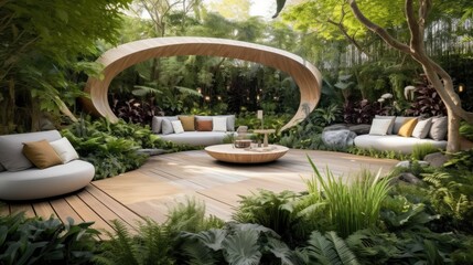 A modern outdoor lounge area with a garden. Generative AI 