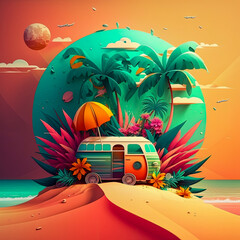 Illustration of a colorful van parked on a sunny beach with palm trees and waves in the background created with Generative AI technology