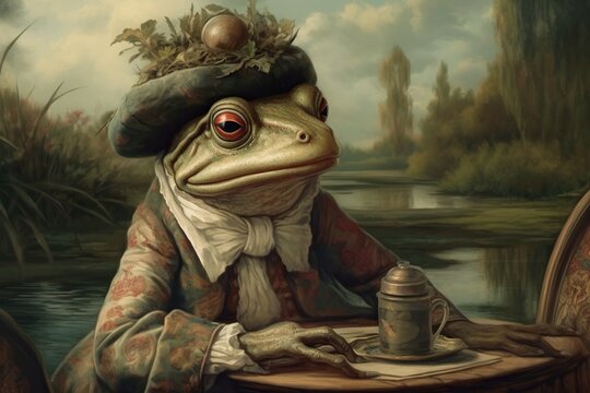 Frog renaissance art portrait, medieval oil painting. Generative AI
