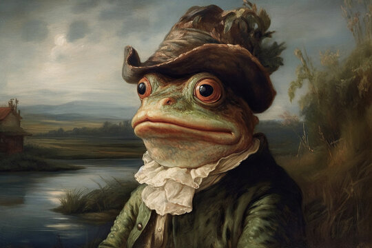 Frog renaissance art portrait, medieval oil painting. Generative AI