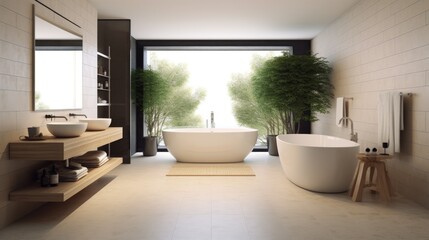 Fototapeta premium A modern spacious bathroom interior with a free-standing bathtub. Generative AI 