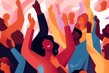 Flat art illustration of people celebrating victory, raising fists with excitement. Generative AI