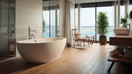 Fototapeta na wymiar A modern spacious bathroom interior with a free-standing bathtub. Generative AI 