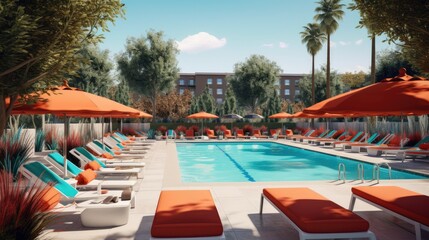 A spacious outdoor pool with many lounge seats with umbrellas. Generative AI  - obrazy, fototapety, plakaty