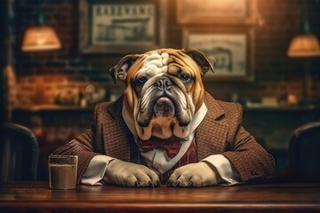 Portrait of bulldog as old mafia boss, gangster wearing vintage suit. Generative AI - obrazy, fototapety, plakaty