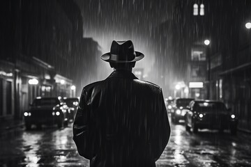 Noir movie, back view of 40s detective wearing hat, standing under the rain. Generative AI - obrazy, fototapety, plakaty