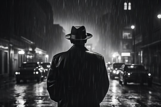 Noir movie, back view of 40s detective wearing hat, standing under the rain. Generative AI