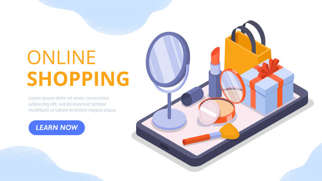 Online Cosmetic Shop. Smartphone With Mirror, Gift And Present Boxes, Cosmetics, Lipstick And Brushes. Ecommerce And Home Delivery. Skin Care And Beauty. Cartoon Isometric Vector Illustration