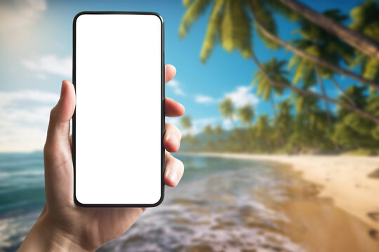 Travel app, beach tourism booking phone mockup with blank white screen. Generative AI