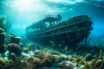 Fototapeta premium A shipwreck sitting on the ocean floor with intricate details visible created with Generative AI technology
