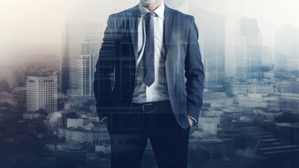 Fototapeta na wymiar Successful Businessman in Suit Standing in Urban City with Copy Space for Professional Finance and Leadership Concept. Generative AI illustrations.