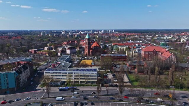 Drone shot of Maria, Hilfe der Christen (Mary, help of the Christians ) . It is a Roman Catholic parish church in the Berlin district of Spandau , Germany