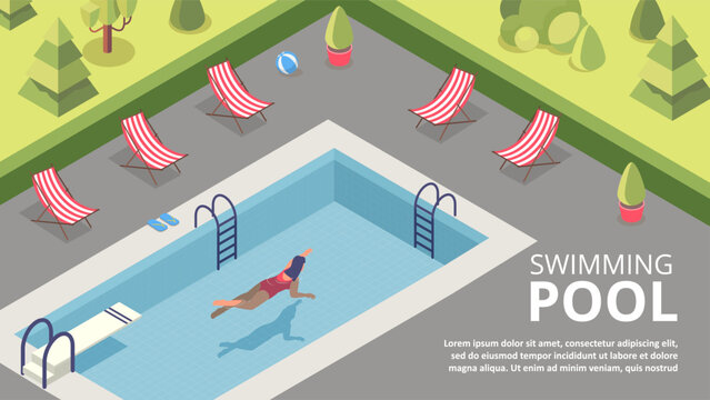 Swimming pool concept. Woman in red swimsuit swims in water next to sun loungers. Rest you hotel in tropical and exotic countries. Leisure in hot weather. Cartoon isometric vector illustration