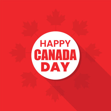 Happy Canada day lettering logo on round circle on middle with Canada flags icon vector illustration on red color background. Happy Canada day template design.