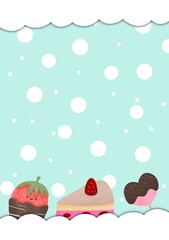 Light blue background with lollipop, strawberry, piece of cake
