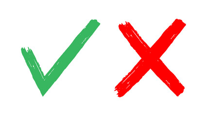 Sign green tick and red cross. Checking handwriting symbols, positive and negative choice icon, select yes or no signs on white background. Vector