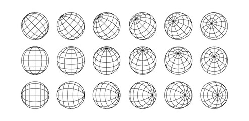 3D spheres grids. Globe meshes, ball in various position. Striped 3D orbs, earth globe grid linear wireframe vector line symbol isolated set - obrazy, fototapety, plakaty