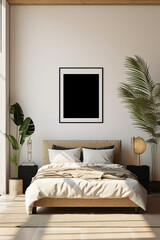 Blank white photo poster frame with black edge in modern, luxury beige brown bedroom, wood head board bed, gray blanket, pillow, bedside table, palm houseplant in sunlight. AI generative
