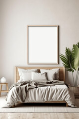 Blank white photo poster frame with black edge in modern, luxury beige brown bedroom, wood head board bed, gray blanket, pillow, bedside table, palm houseplant in sunlight. AI generative