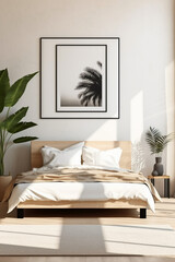 Blank white photo poster frame with black edge in modern, luxury beige brown bedroom, wood head board bed, gray blanket, pillow, bedside table, palm houseplant in sunlight. AI generative