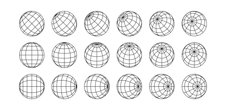 3D spheres grids. Globe meshes, ball in various position. Striped 3D orbs, earth globe grid linear wireframe vector line symbol isolated set