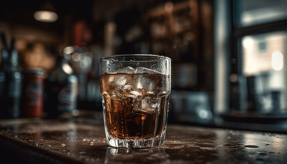 Fizzing Delight: Iced Cola in Glass at a Bar. Generative Ai